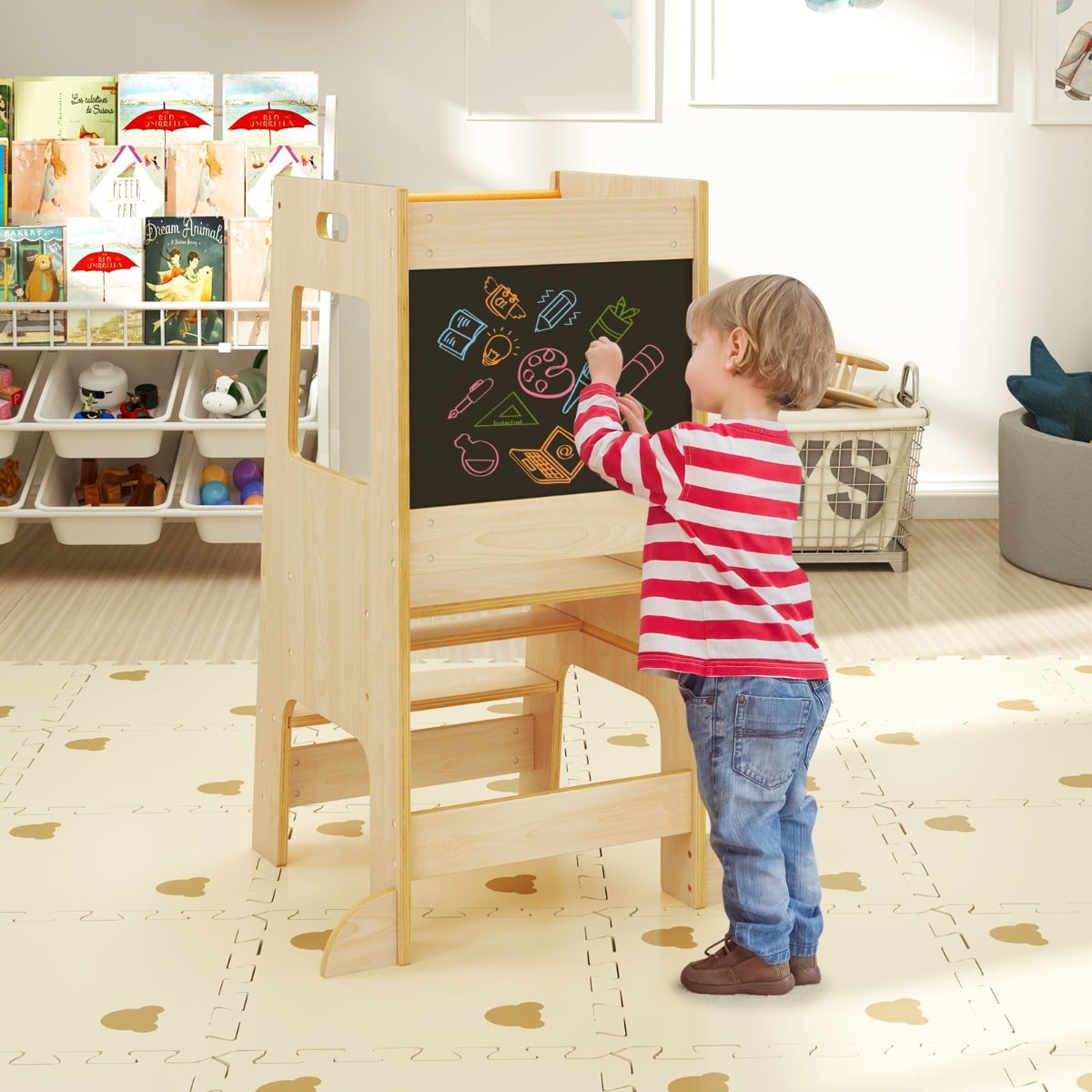 Toddler Kitchen Step Stool with Activity Chalkboard and Adjustable Height-Natural