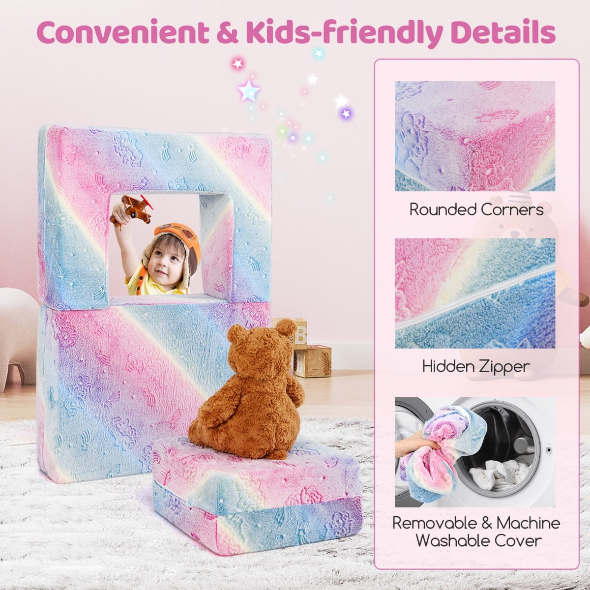 Toddler Play Couch with Machine Washable Cover and High-density Foam Filling-Rainbow
