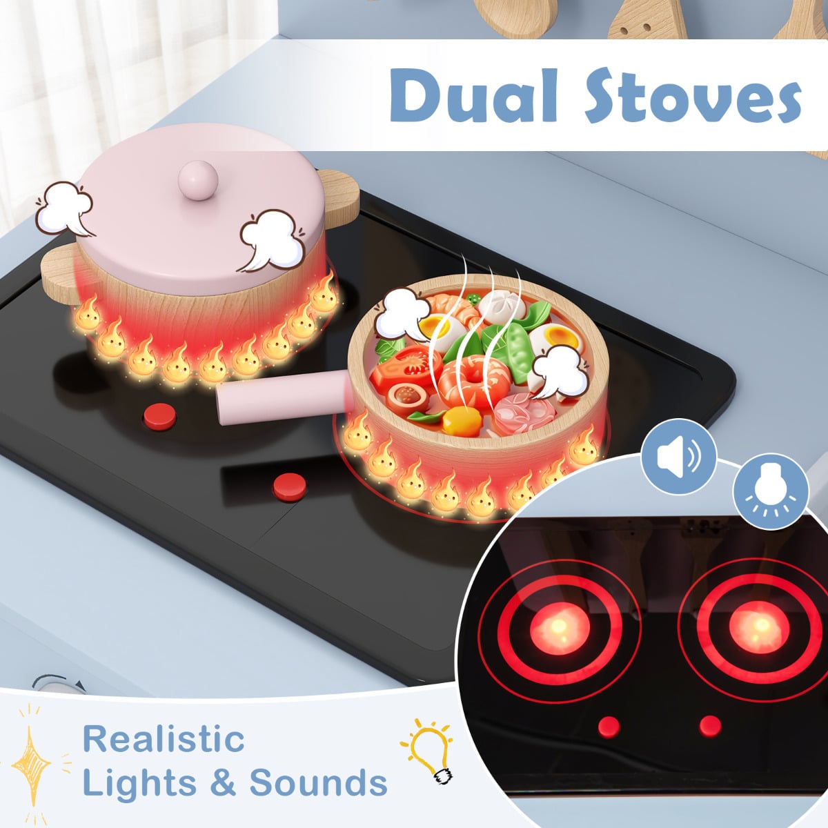 Toddler Pretend Play Kitchen with Light up Stove and Cooking Sounds-Blue