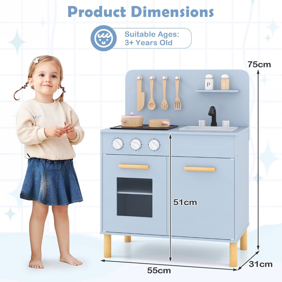 Toddler Pretend Play Kitchen with Light up Stove and Cooking Sounds-Blue