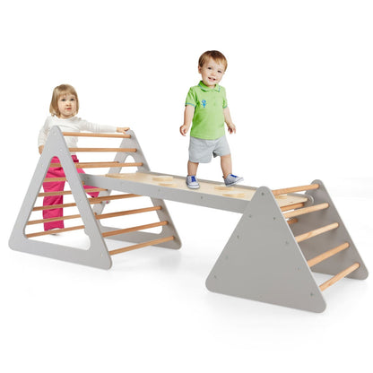 Toddler Triangle Set Montessori 3 Piece Kids Climbing Toys Indoor Outdoor with 2 Climbing Triangles and 1 Ramp-Grey