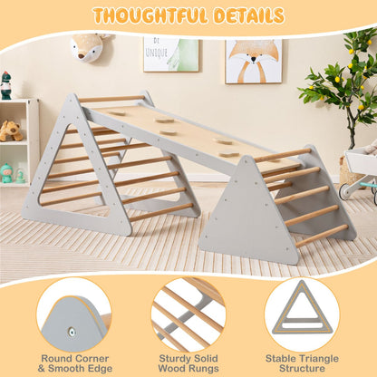 Toddler Triangle Set Montessori 3 Piece Kids Climbing Toys Indoor Outdoor with 2 Climbing Triangles and 1 Ramp-Grey