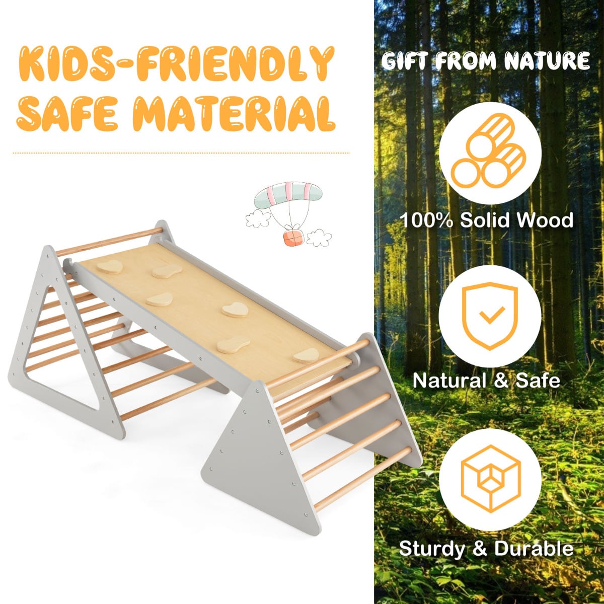 Toddler Triangle Set Montessori 3 Piece Kids Climbing Toys Indoor Outdoor with 2 Climbing Triangles and 1 Ramp-Grey