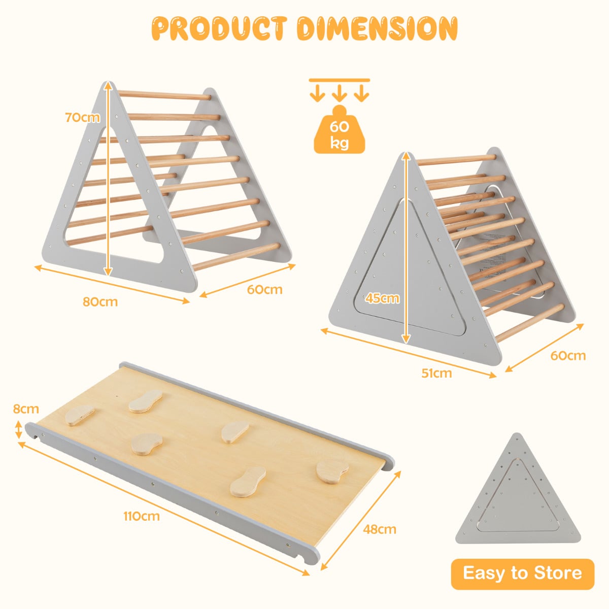 Toddler Triangle Set Montessori 3 Piece Kids Climbing Toys Indoor Outdoor with 2 Climbing Triangles and 1 Ramp-Grey