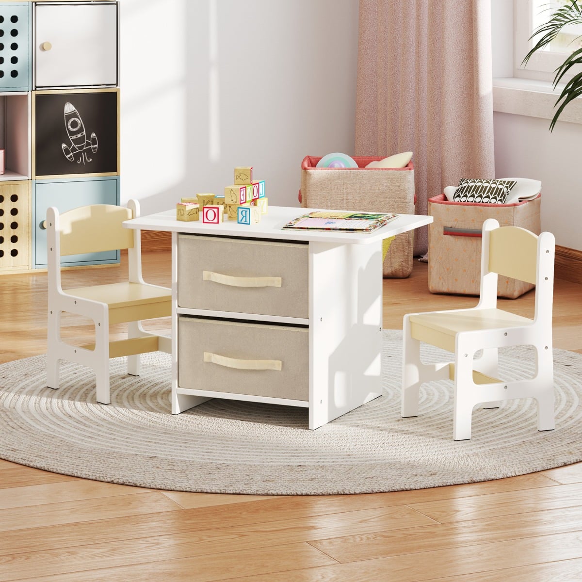 Toddler Wooden Activity Table &amp; 2 Chairs Set with 2 Fabric Storage Bins-Beige