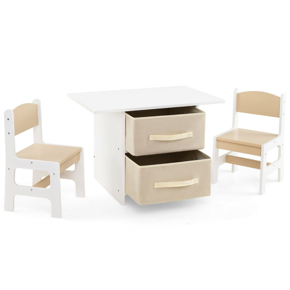 Toddler Wooden Activity Table &amp; 2 Chairs Set with 2 Fabric Storage Bins-Beige