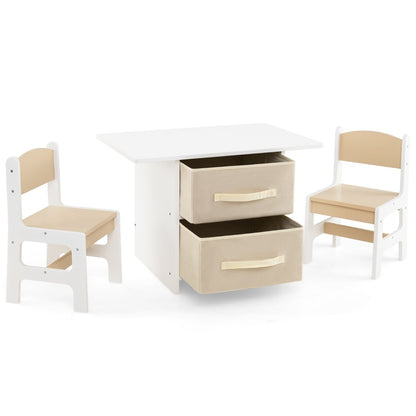 Toddler Wooden Activity Table &amp; 2 Chairs Set with 2 Fabric Storage Bins-Beige