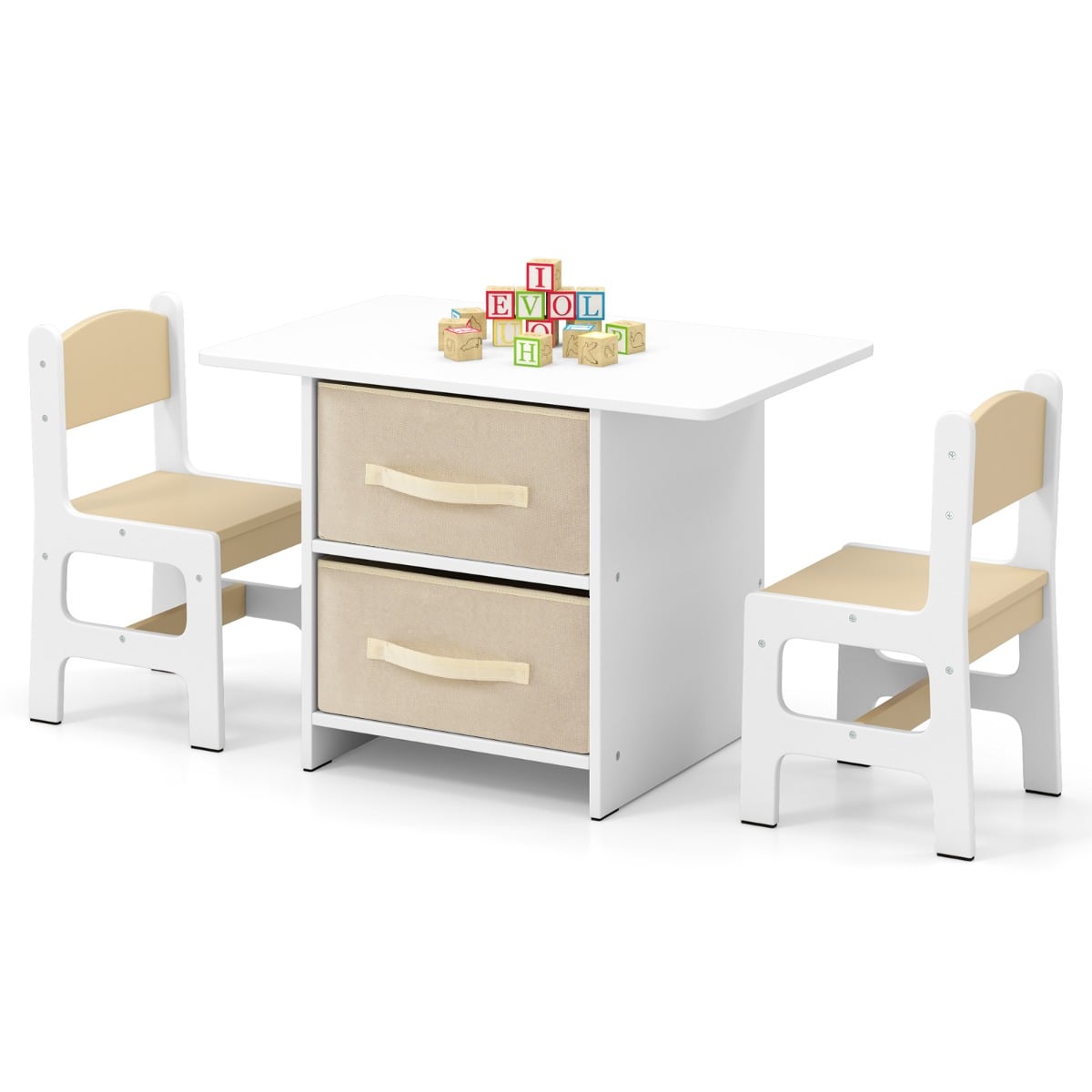 Toddler Wooden Activity Table &amp; 2 Chairs Set with 2 Fabric Storage Bins-Beige