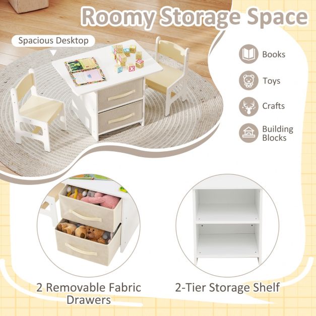 Toddler Wooden Activity Table & 2 Chairs Set with 2 Fabric Storage Bins-Beige