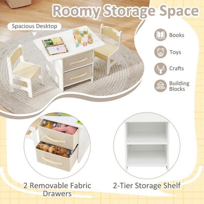 Toddler Wooden Activity Table & 2 Chairs Set with 2 Fabric Storage Bins-Beige