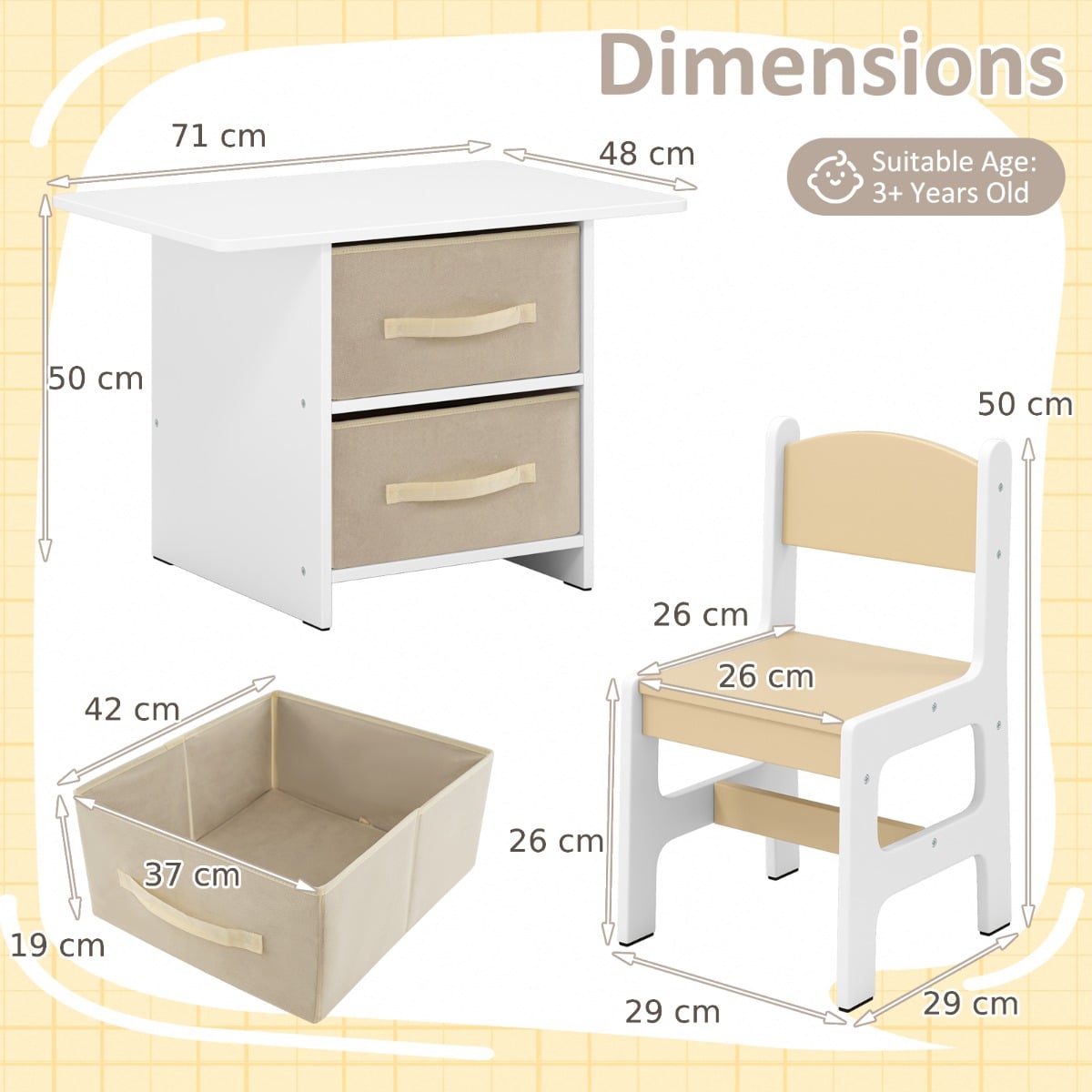 Toddler Wooden Activity Table &amp; 2 Chairs Set with 2 Fabric Storage Bins-Beige