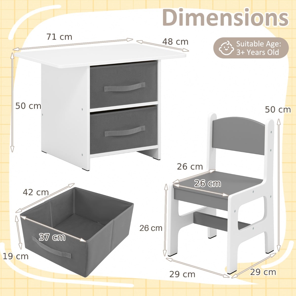 Toddler Wooden Activity Table & 2 Chairs Set with 2 Fabric Storage Bins-Grey