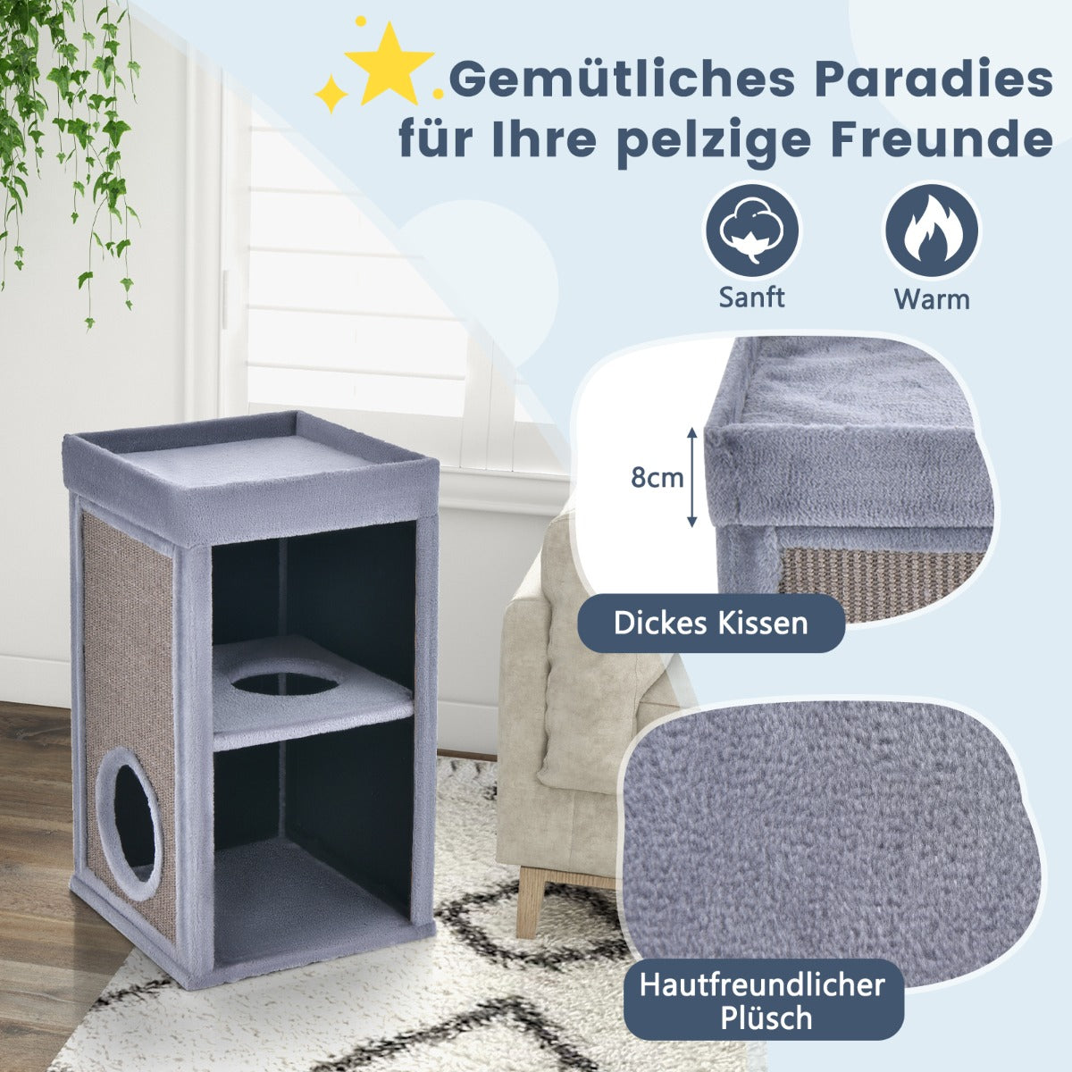 2-Tier Cat House with Sisal Scratch Boards-Grey