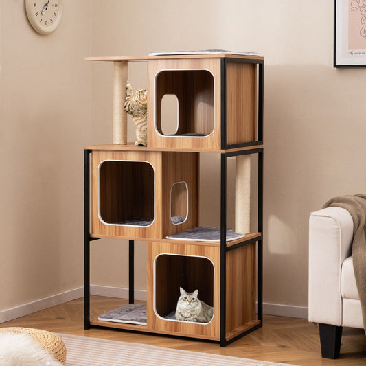 2 in 1 Scratching Post Cat House 3 Floors Cat Tree with Removable Cushion &amp; Cat Cave