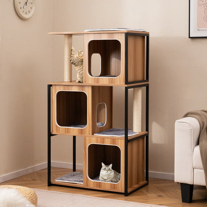 2 in 1 Scratching Post Cat House 3 Floors Cat Tree with Removable Cushion & Cat Cave