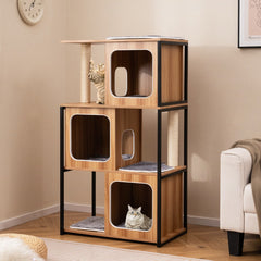 2 in 1 Scratching Post Cat House 3 Floors Cat Tree with Removable Cushion & Cat Cave