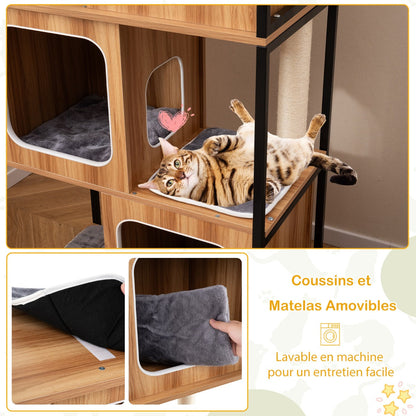 2 in 1 Scratching Post Cat House 3 Floors Cat Tree with Removable Cushion & Cat Cave