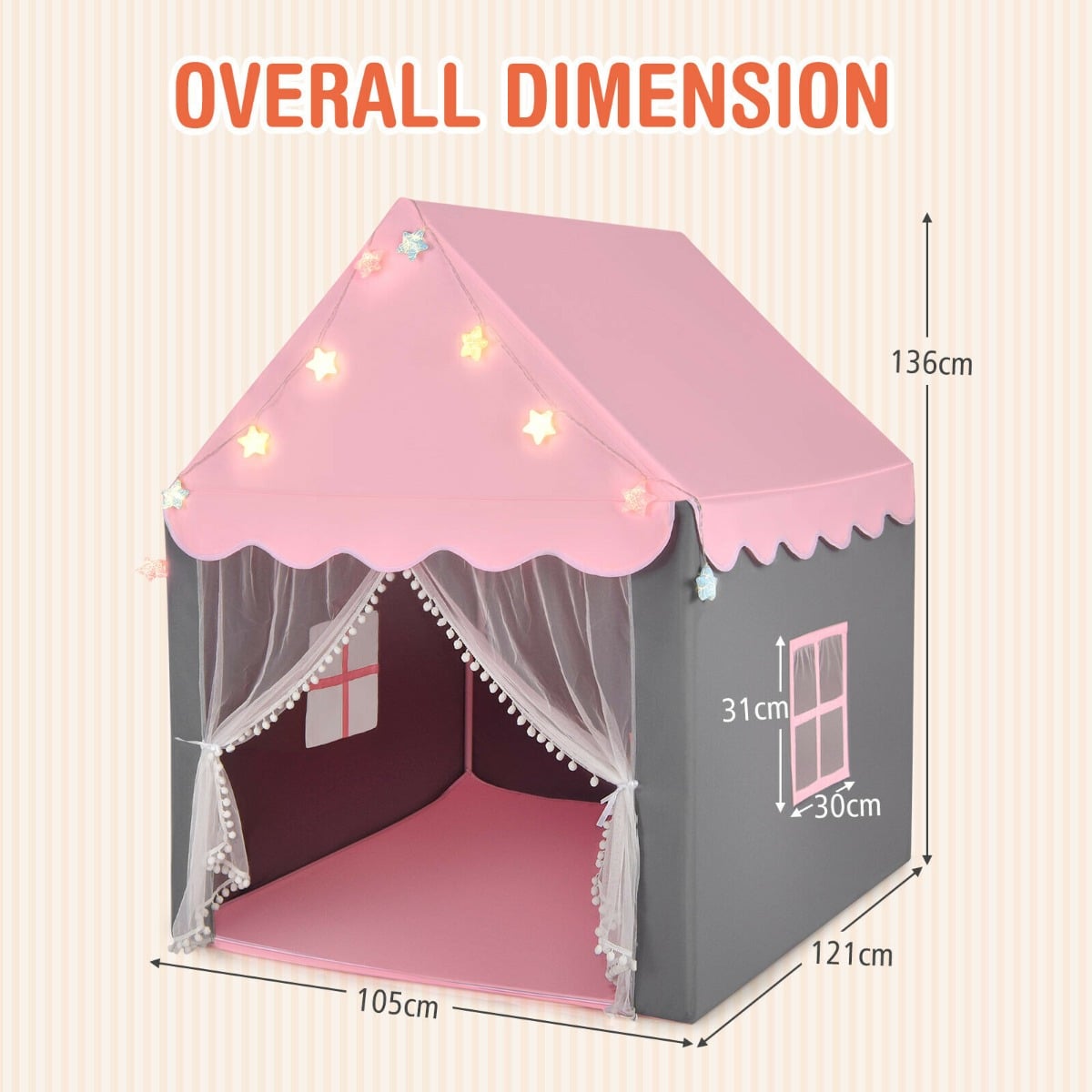 Large Kids Play House with Washable Mat and Star Lights-Pink