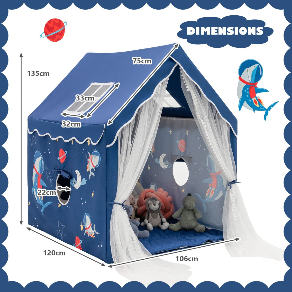 Large Kids Play Tent with Removable Padded Mat & Gauze Door Curtain-Blue