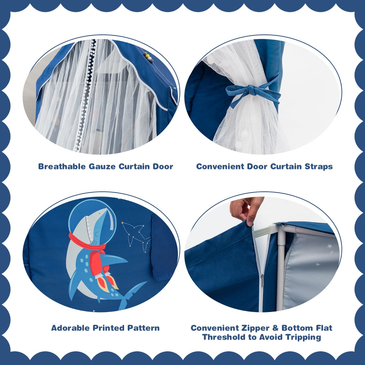 Large Kids Play Tent with Removable Padded Mat & Gauze Door Curtain-Blue