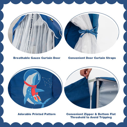 Large Kids Play Tent with Removable Padded Mat & Gauze Door Curtain-Blue