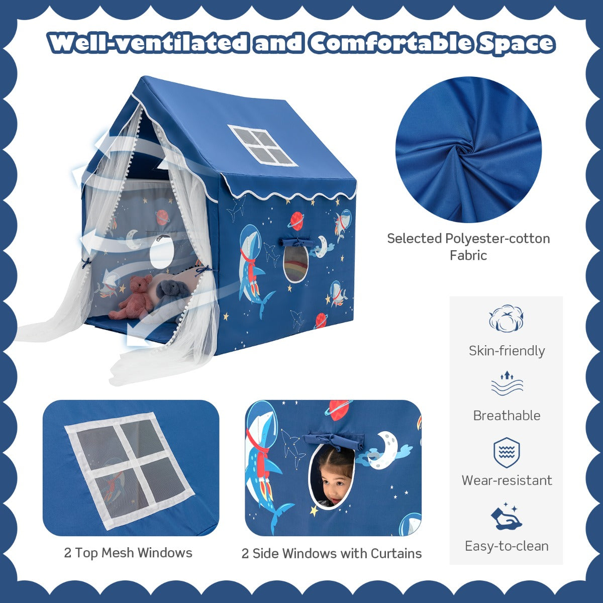 Large Kids Play Tent with Removable Padded Mat & Gauze Door Curtain-Blue