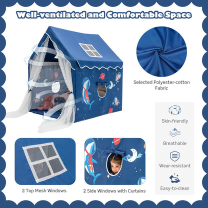 Large Kids Play Tent with Removable Padded Mat & Gauze Door Curtain-Blue