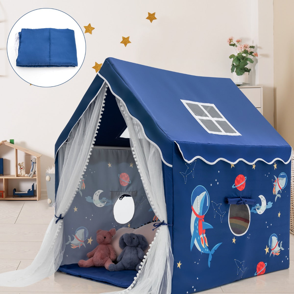 Large Kids Play Tent with Removable Padded Mat & Gauze Door Curtain-Blue
