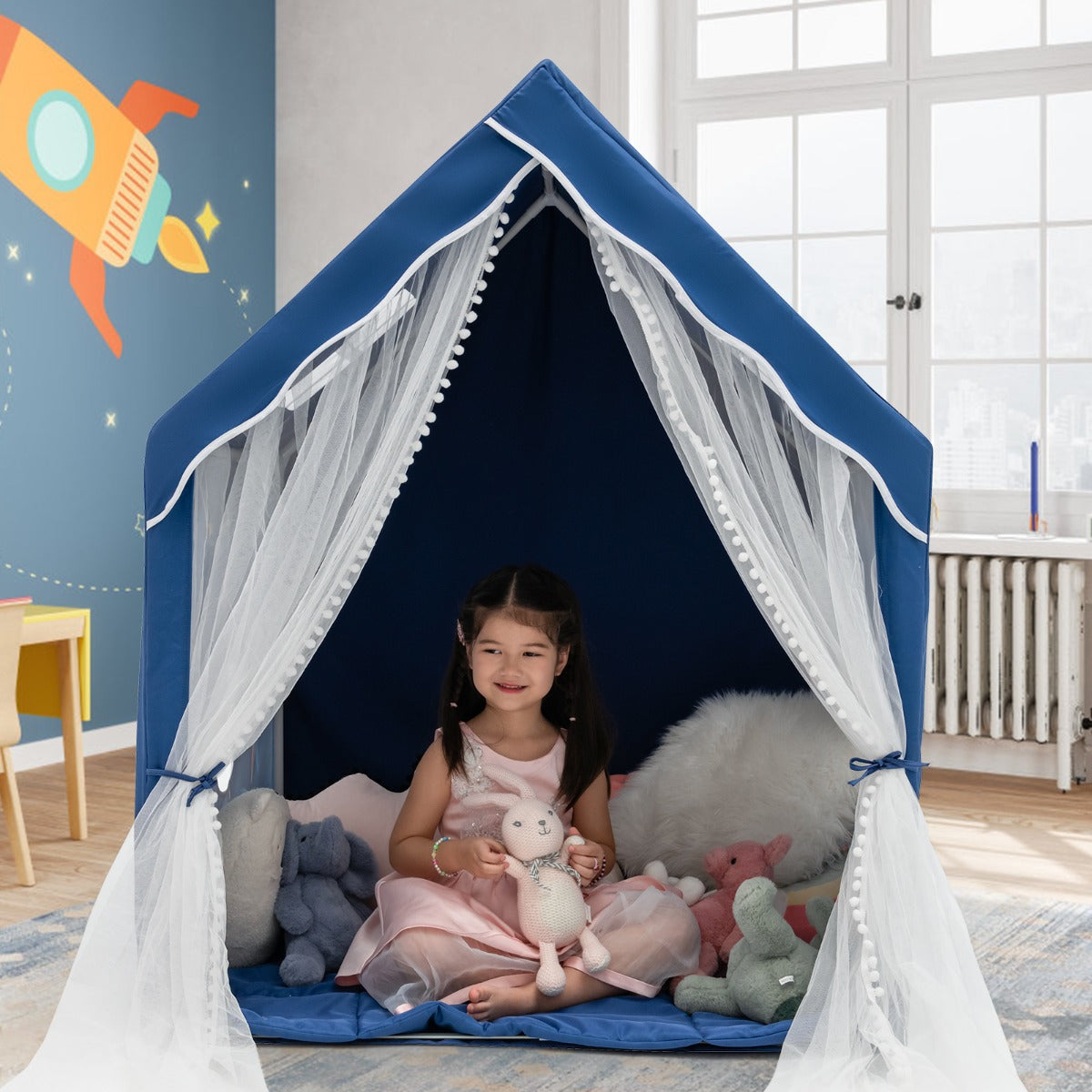 Large Kids Play Tent with Removable Padded Mat & Gauze Door Curtain-Blue