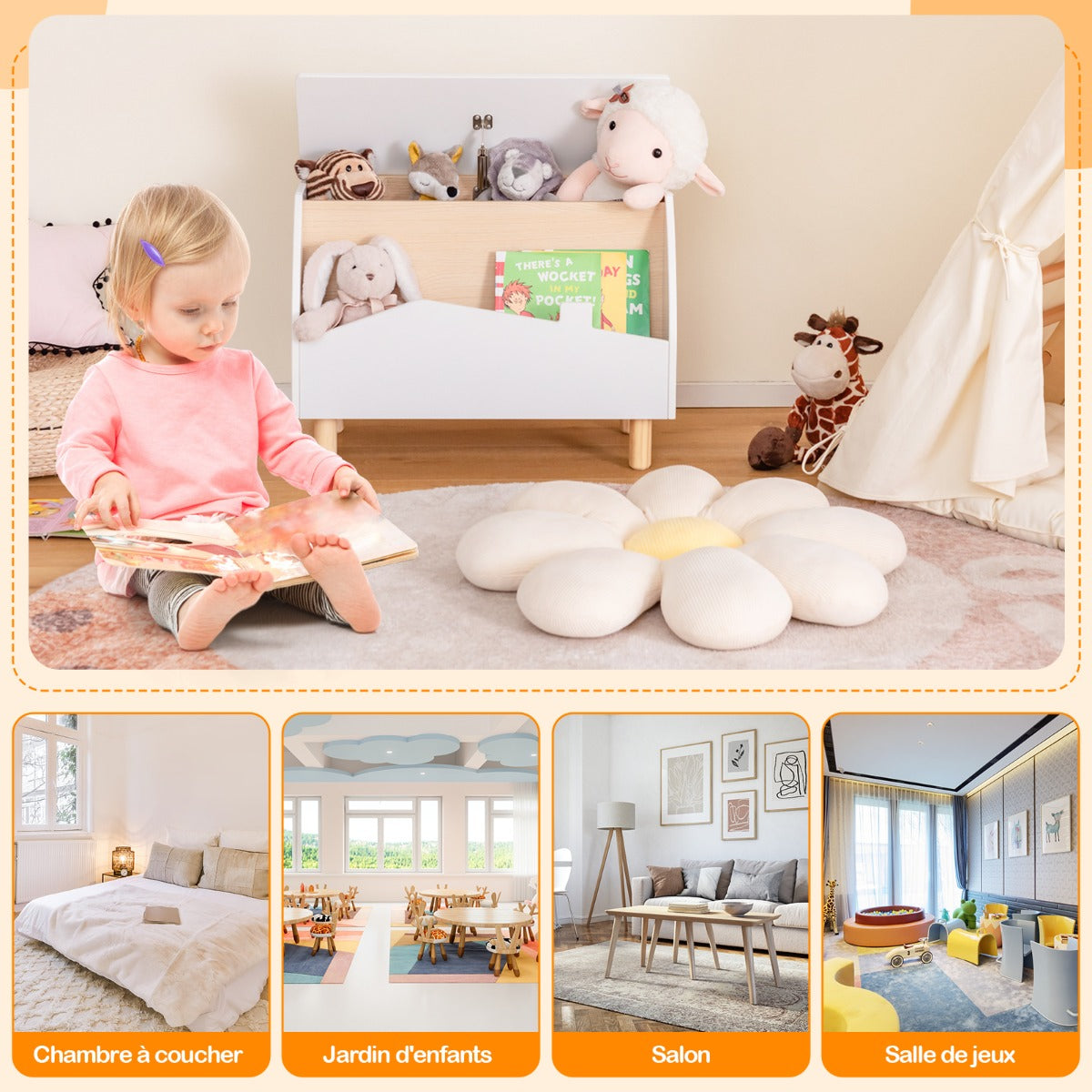 Kids Toy Box with Safety Hinge for Playroom-White