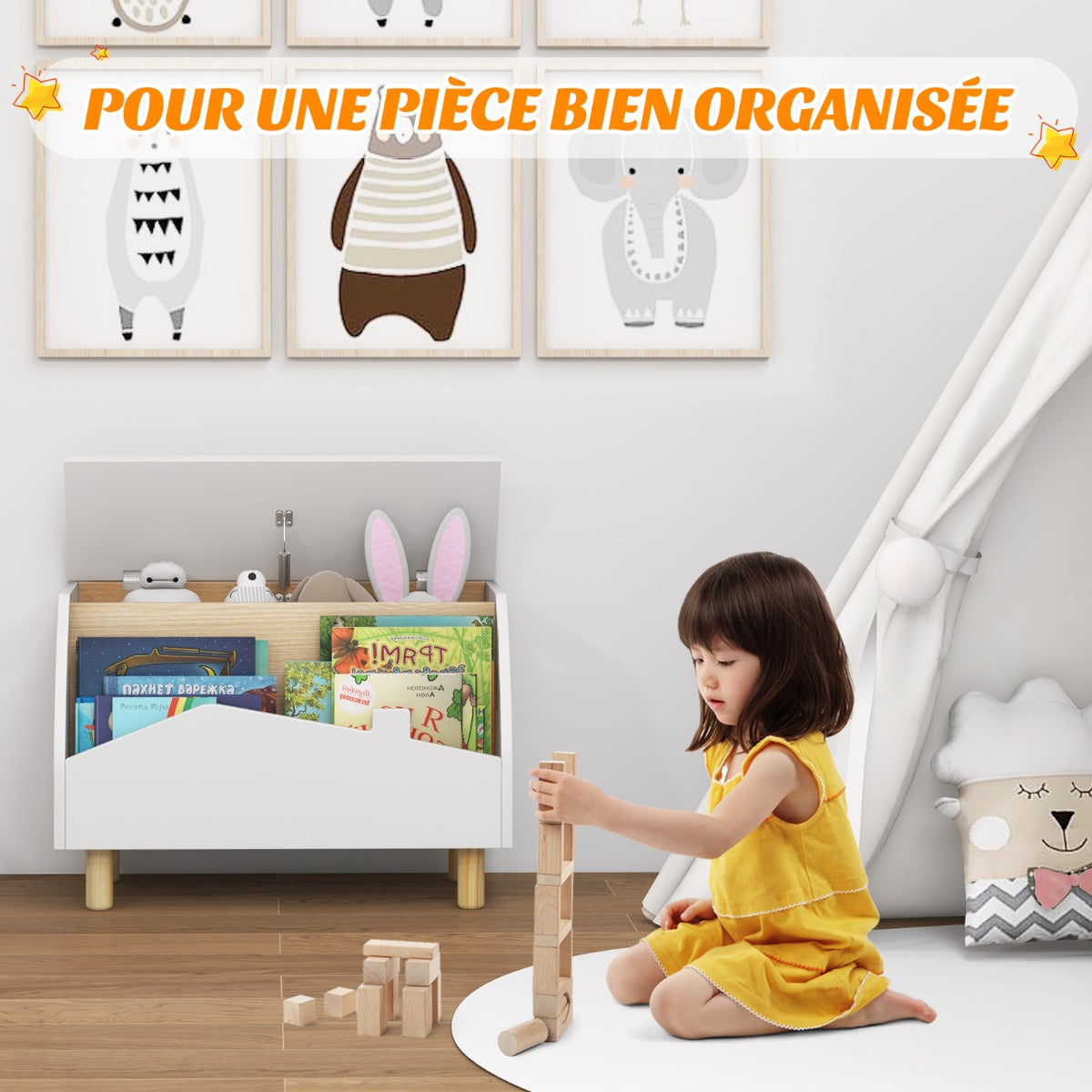 Kids Toy Box with Safety Hinge for Playroom-White