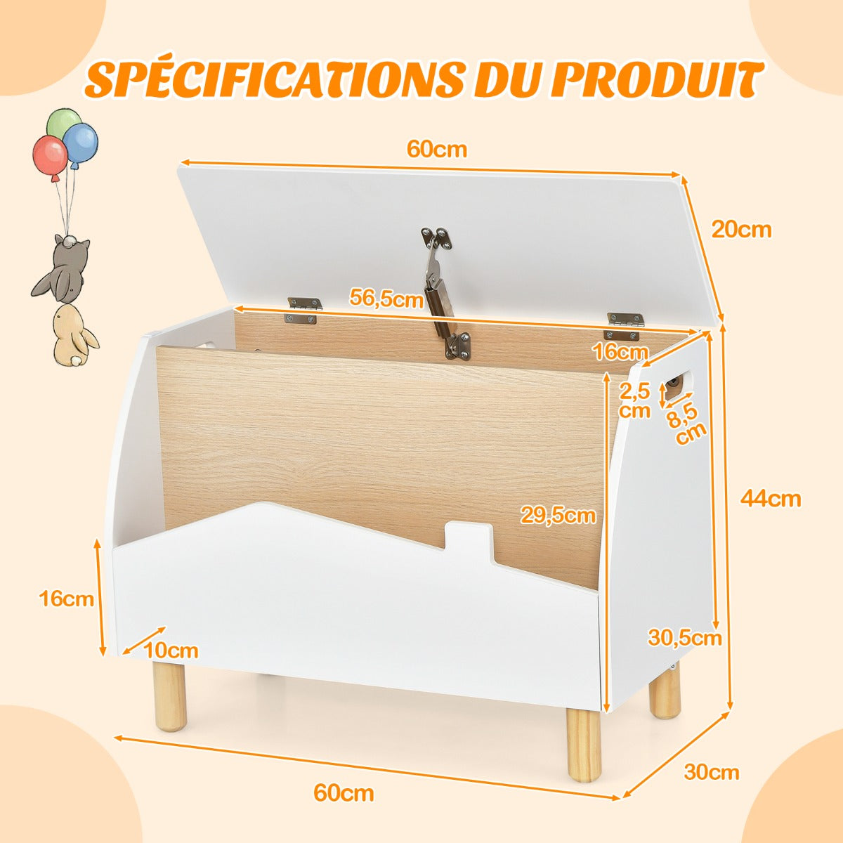 Kids Toy Box with Safety Hinge for Playroom-White