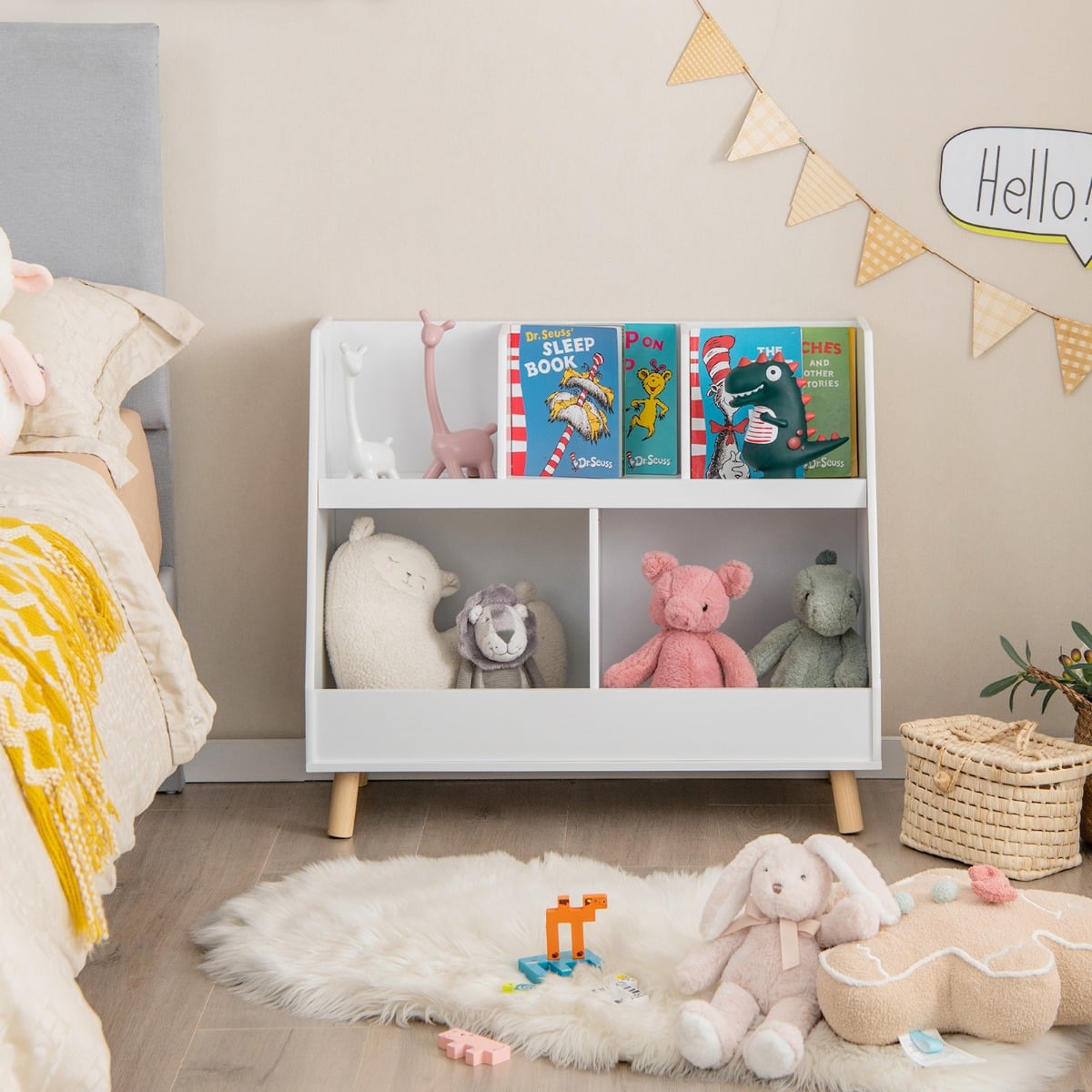 5-Cube Kids Bookshelf and Toy Organizer with Solid Wood Legs and Anti-Tipping Kits-White