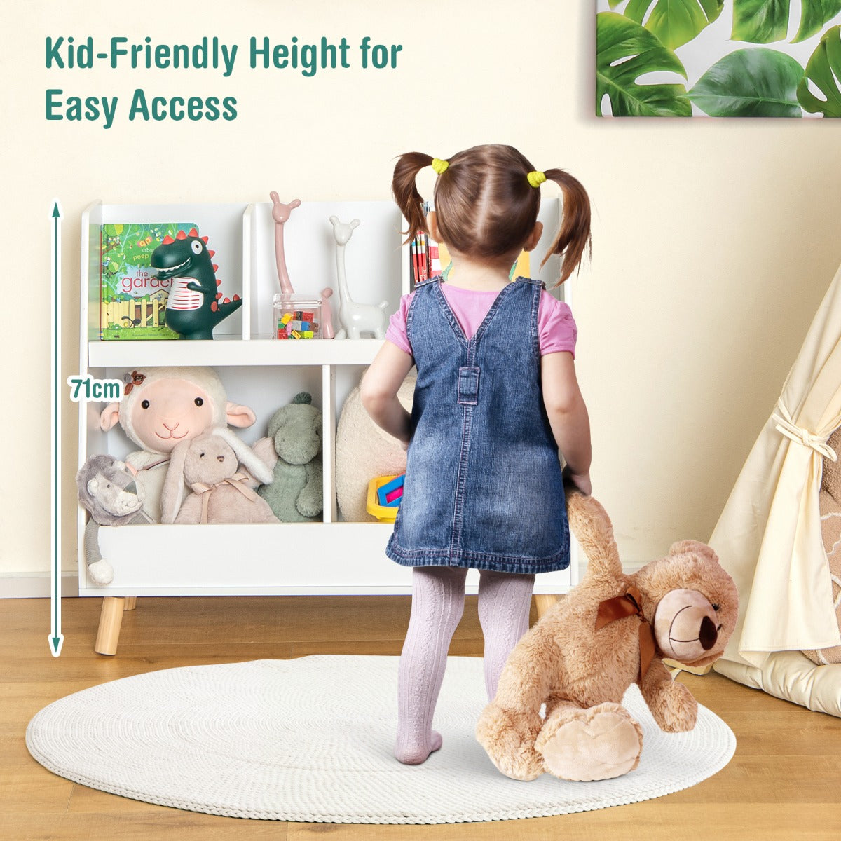 5-Cube Kids Bookshelf and Toy Organizer with Solid Wood Legs and Anti-Tipping Kits-White