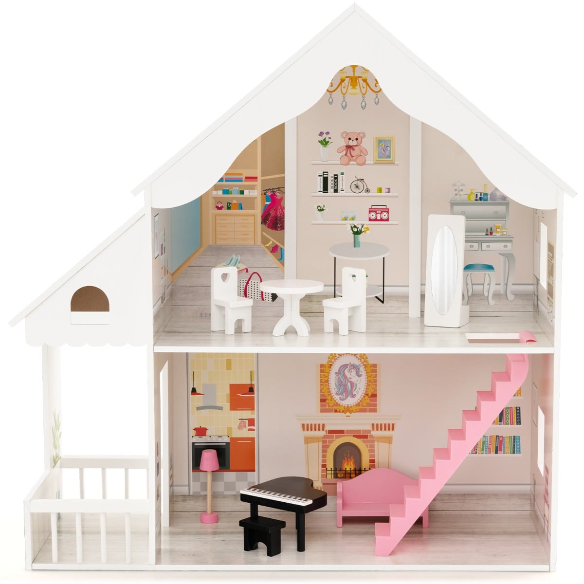Kids Wooden Dollhouse with Simulated Rooms and Furniture Set-White