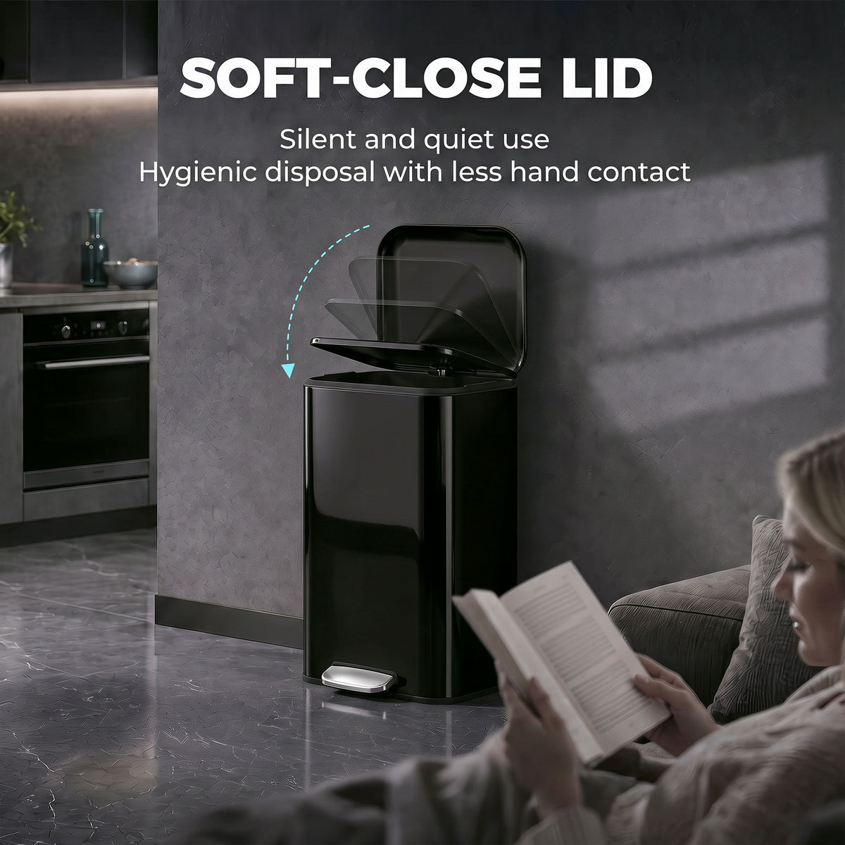 HOMCOM 50 L Kitchen Pedal Bin, Metal Rubbish Bin with Removable Inner Bucket, Soft-Close & Stay-Open Lid, High Gloss Black