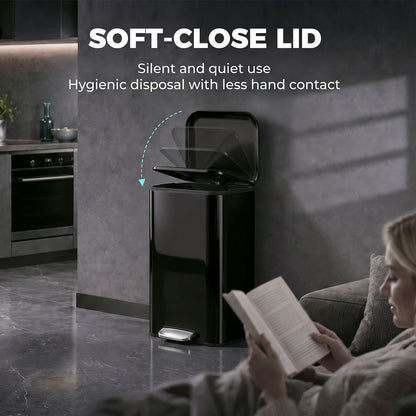 HOMCOM 50 L Kitchen Pedal Bin, Metal Rubbish Bin with Removable Inner Bucket, Soft-Close & Stay-Open Lid, High Gloss Black
