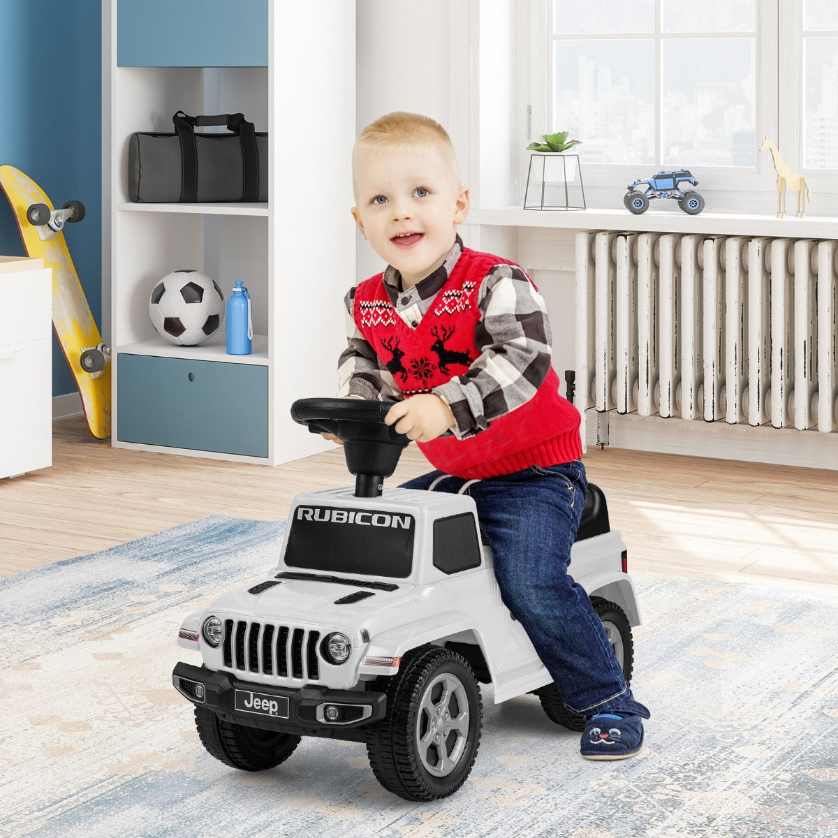 Licensed Jeep Ride On Push Car with Steering Wheel and Engine Sound for Ages 18-36 Months-White