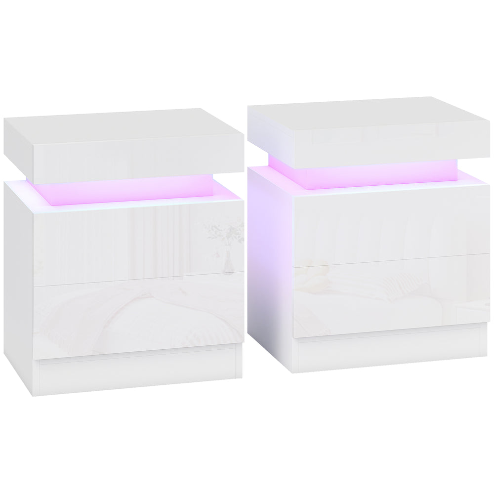 HOMCOM White Bedside Table with LED Light, High Gloss Front Nightstand with 2 Drawers, for Living Room, Bedroom, Set of 2