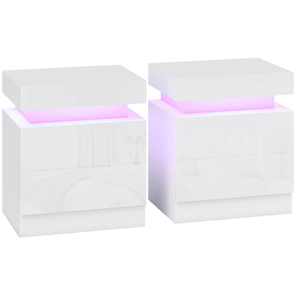 HOMCOM White Bedside Table with LED Light, High Gloss Front Nightstand with 2 Drawers, for Living Room, Bedroom, Set of 2