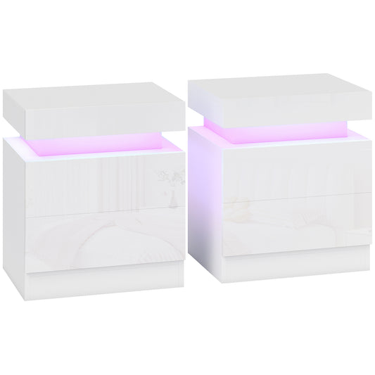 HOMCOM White Bedside Table with LED Light, High Gloss Front Nightstand with 2 Drawers, for Living Room, Bedroom, Set of 2