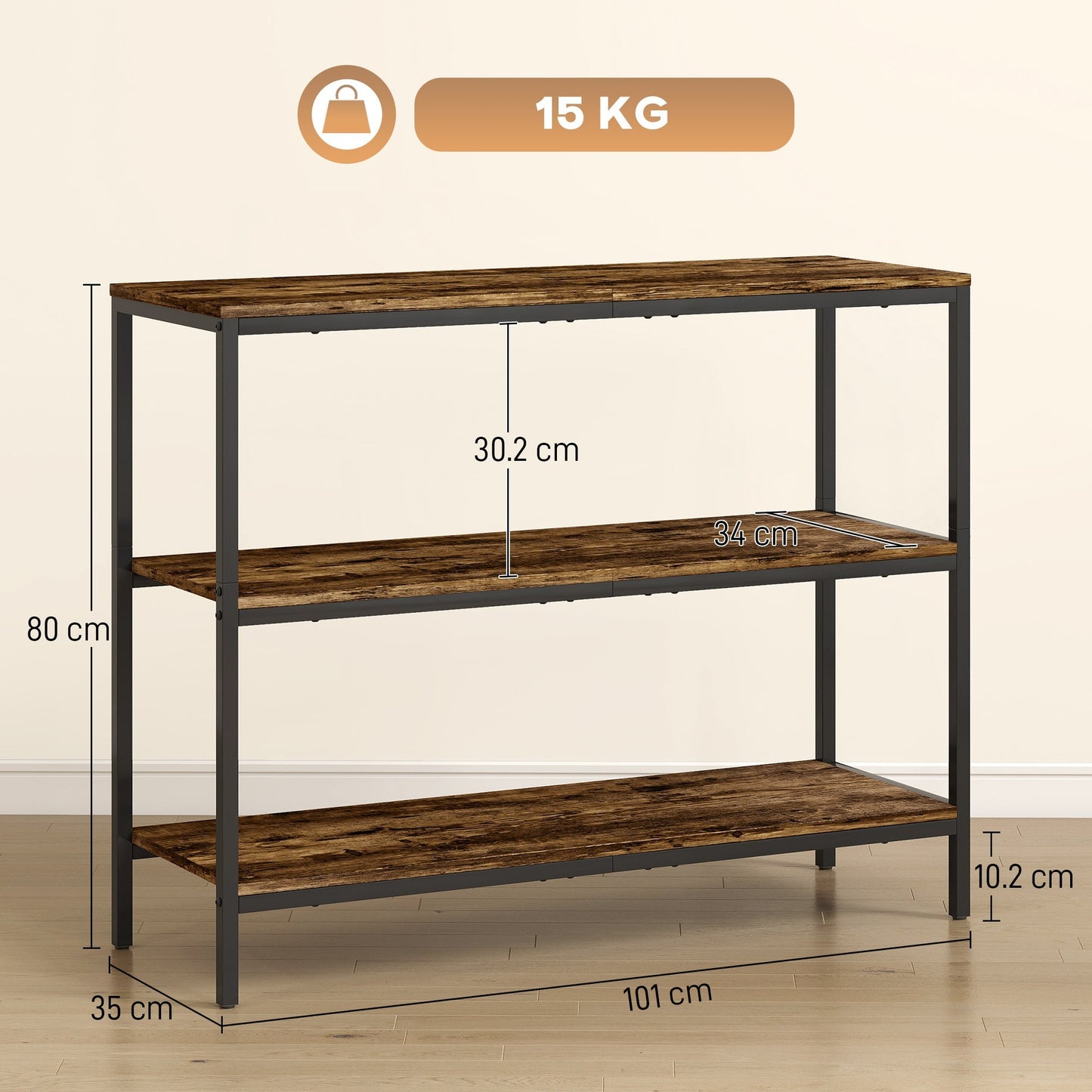HOMCOM 3-Tier Console Table with Storage Shelves - Rustic Brown