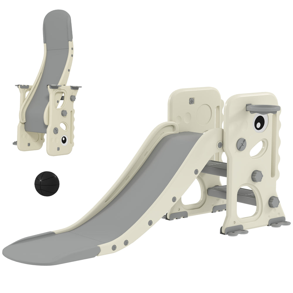 AIYAPLAY 3 in 1 Kids Slide with Climber, Basketball Hoop and Ball, Foldable Indoor Toddler Slide for Ages 2-5, Cream White
