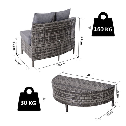 طقم أريكة وطاولة خارجية نصف دائرية من Outsunny Rattan Garden Furniture مكون من 4 مقاعد وطاولة فناء منسوجة من الخيزران مع مقعد مبطن ووسادة - رمادي