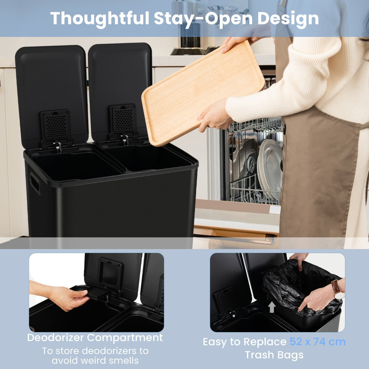 Trash Can with 2 Deodorizer Compartments and Soft Close Lids-Black