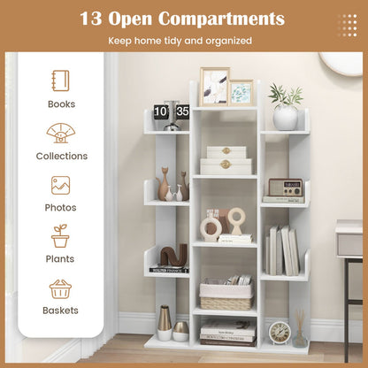 Tree-Shaped Bookshelf with 13 Compartments-White