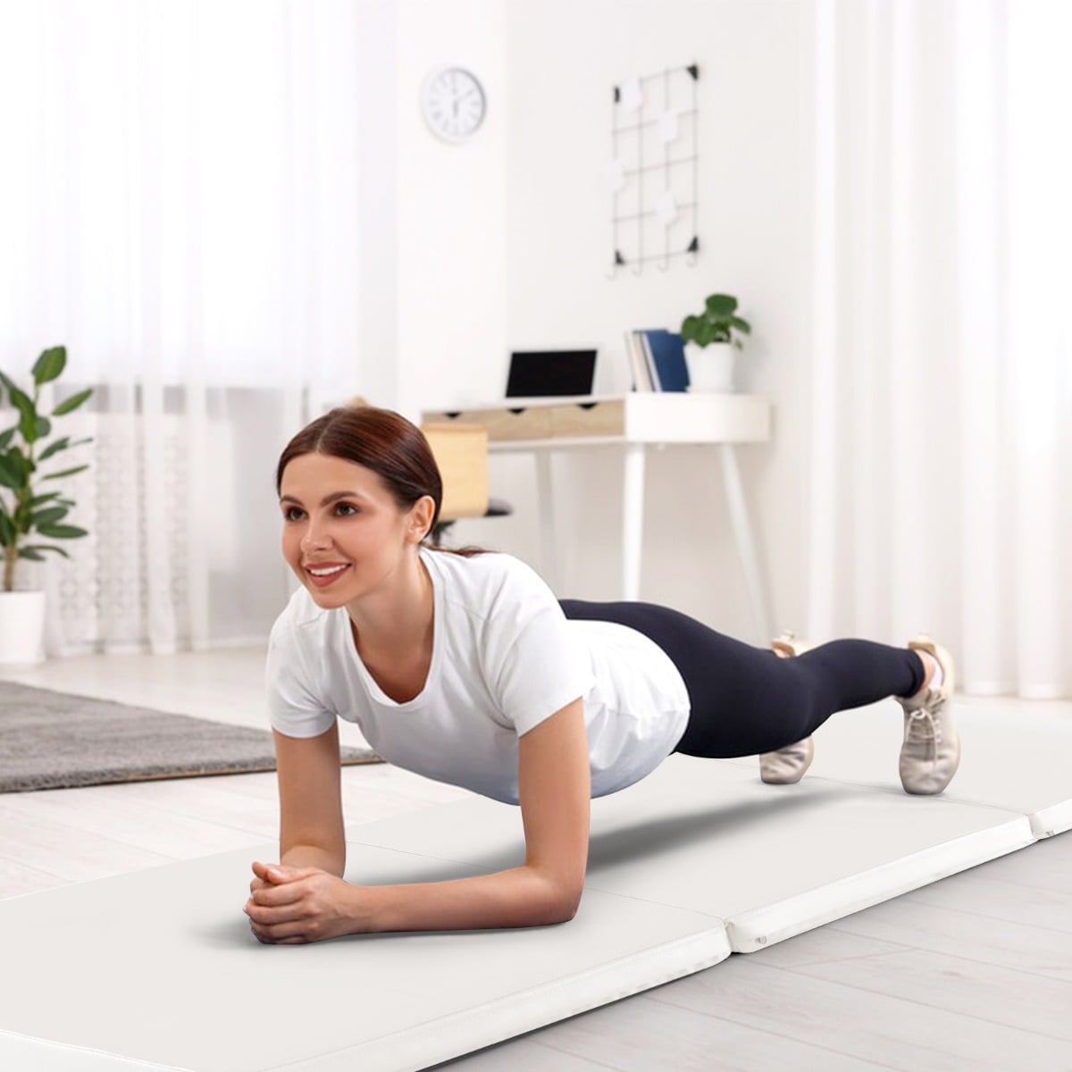 Tri-Fold Folding Exercise Mat with PU Leather Cover-Grey