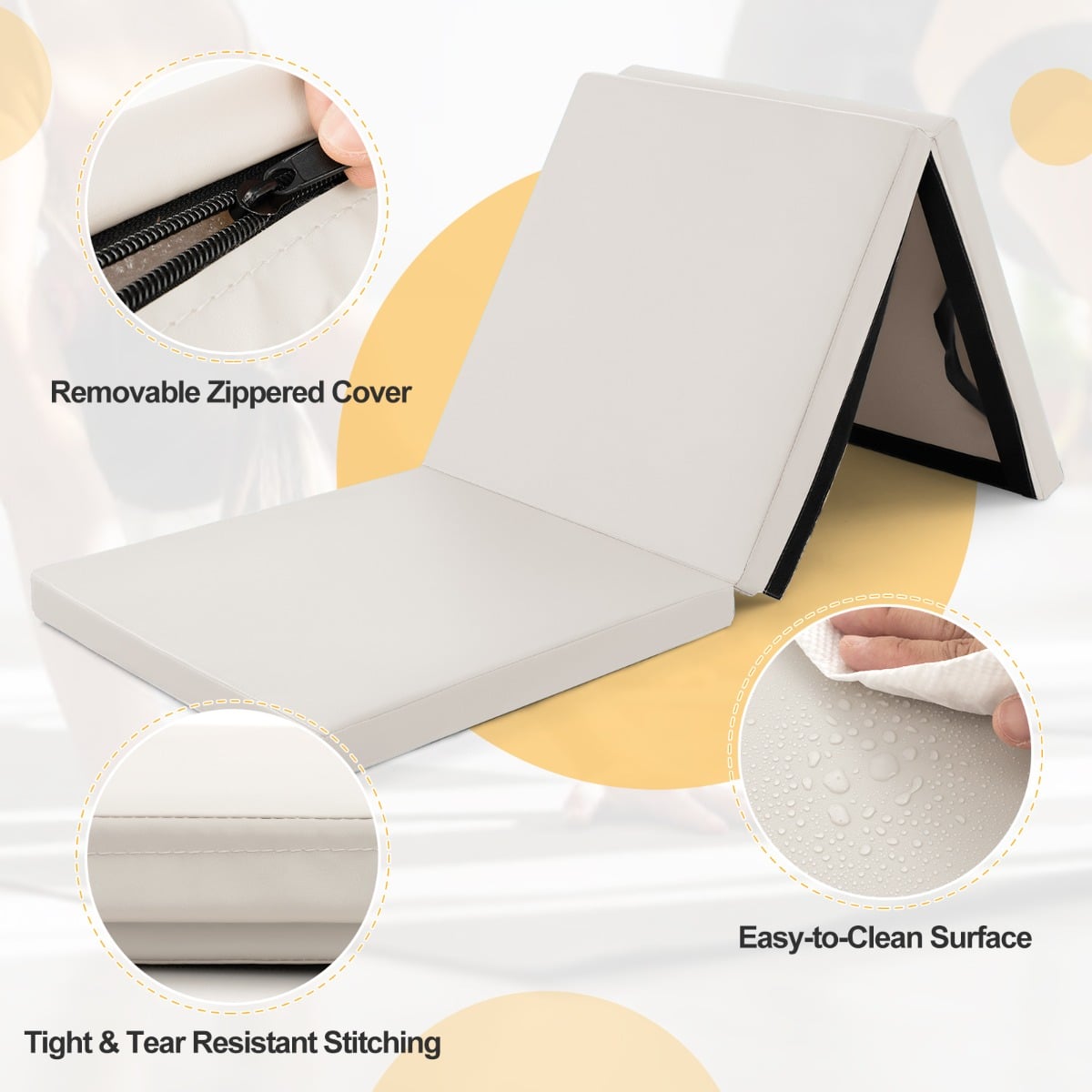 Tri-Fold Folding Exercise Mat with PU Leather Cover-Grey