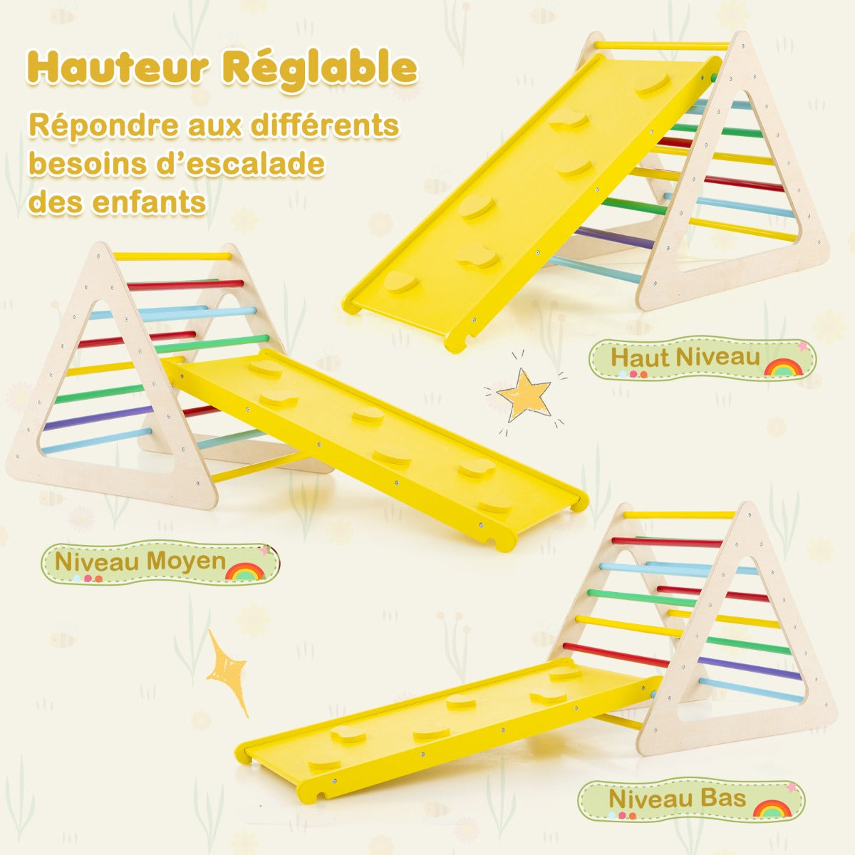 5-in-1 Montessori climbing triangle & cube with wooden slide board with 60 kg load capacity per part