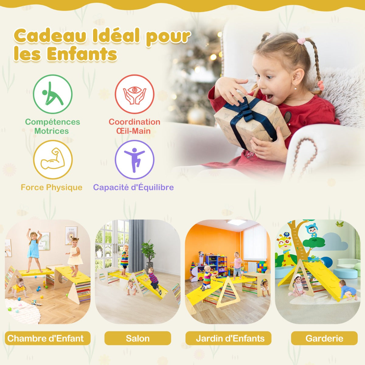 5-in-1 Montessori climbing triangle & cube with wooden slide board with 60 kg load capacity per part